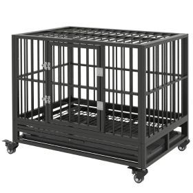 Heavy Duty Dog Crate Metal Cage Kennel With Lockable Wheels, Double Door And Removable Tray, Gray (Option: Gray) Heavy Duty Dog Crate Metal Cage Kennel With Lockable Wheels, Double Door And Removable Tray, Gray (Option: Gray)
